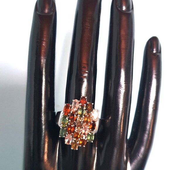 Stunning Multi-Colour  Genuine Natural Tourmaline 925 Silver Cluster Ring - Picture 7 of 11
